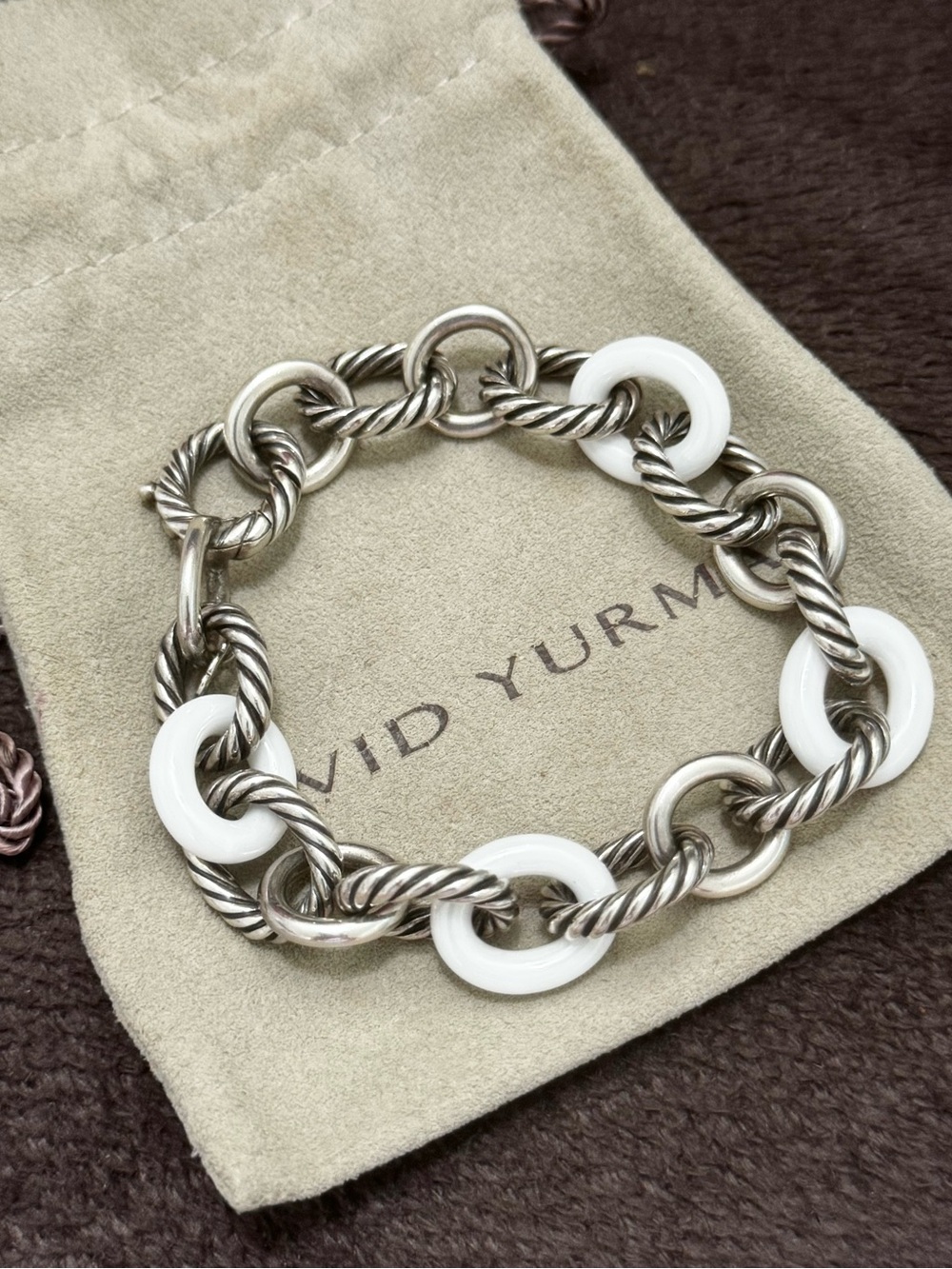 David Yurman Sterling Silver Oval Link Bracelet with White Ceramic Links - Picture 7 of 11